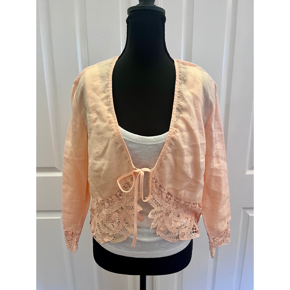 Linen Lace Blouse Peach Crochet Embroidered Tie Front Crop Peasant Shirt Top M